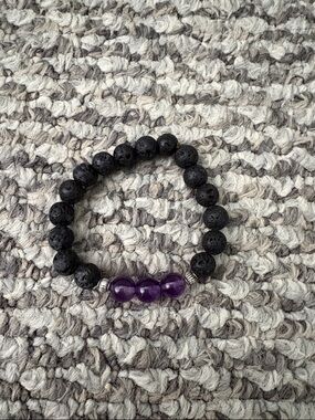 Handmade Black Lava & Amethyst Bead Stretch Bracelet